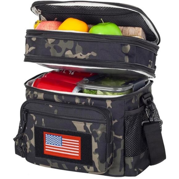 Lunch BagDouble Deck Tactical Lunch Box Work with Shoulder Strap Camo Black
